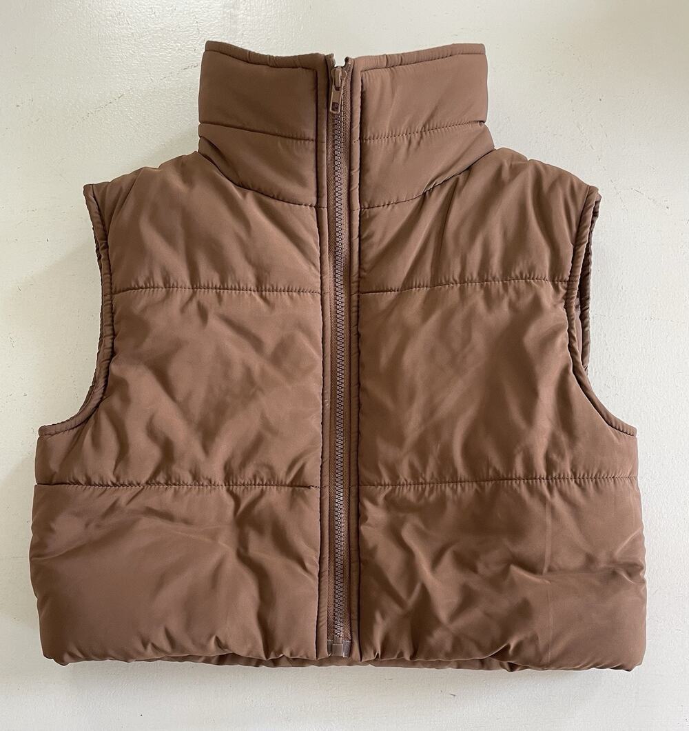 SHEIN Brown Cropped Puffer Vest Womens Small Zip Front Sleeveless Lightweight